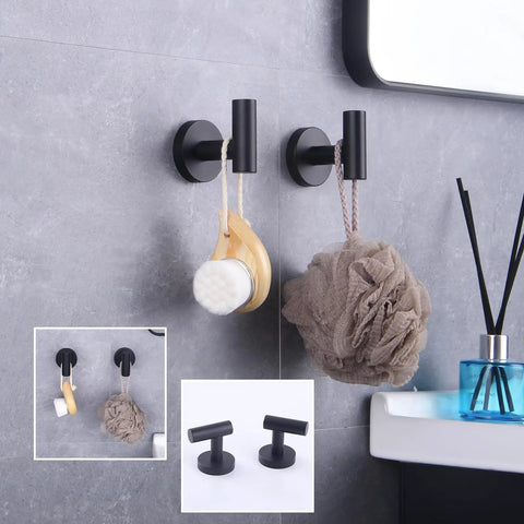 Rock Solid Stainless Steel Towel Hook Wall Mounted Two Pack Brushed Finish SUS 304 Rustproof Coat Rack For Bathroom And Kitchen Modern Hotel Style Easy Install, holding brush and sponge in bathroom.