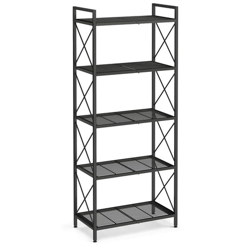 Kick The Clutter To The Curb With This No Sweat 5 Tier Steel Storage Rack Featuring Reinforced X Side Frames For Effortless Entryway Kitchen Bathroom Organization, black heavy duty steel.