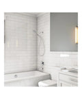 Raindance Select S Adjustable 5 Inch Handheld Shower Head Set in modern bathroom with white tile, chrome finish, 1.75 GPM hose
