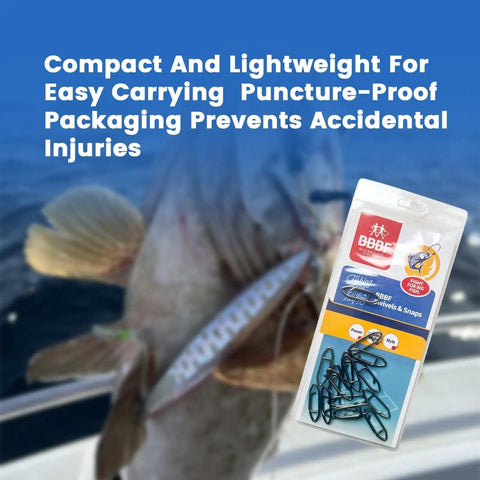 70 Pack Fishing Quick Clips And Swivels Kit shown with clear packaging in front of caught fish, ideal for saltwater, freshwater.