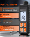 Paint Thickness Gauge For Cars, Digital Car Coating Tester With Auto Substrate Recognition And Fe/NFe/Zn Detection, 0-2000 Micrometers, Portable Coating Meter For Used Car Buyers, Auto Detailers And Shops, shown with 0-2000 µm specs