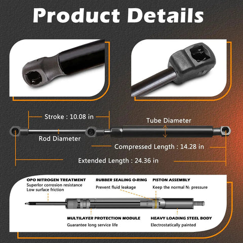 Product details for Tough Built 2 Pack Liftgate Lift Support Tailgate Hatch Struts Gas Spring Shock Rods, showing specifications.