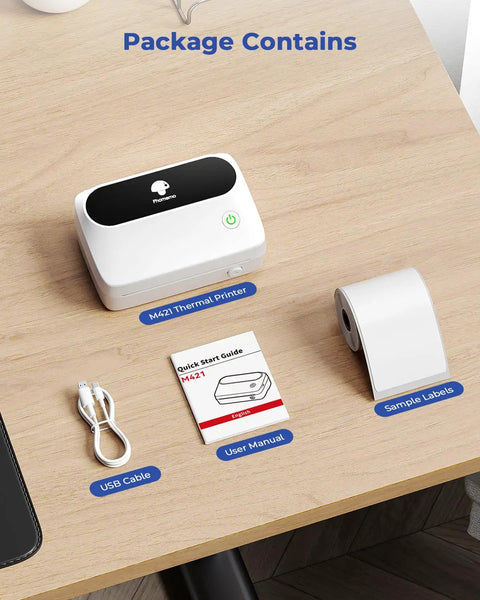 Inkless 4X6 Thermal Label Printer For Shipping Hella Crisp 203 Dpi Prints With Zero Mess Efficiently Loads Roll And Fanfold Paper Simple Setup That Kicks Things Into High Gear package contents on wooden desk.