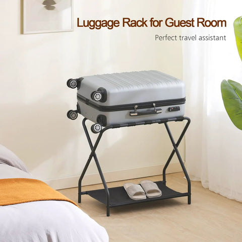Heavy Duty Foldable Luggage Rack Set Of Two Built Tough Metal Suitcase Stands For Travelers Non Slip Nylon Straps with suitcase