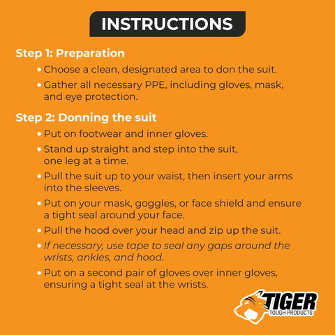 Instructions for donning Heavy Duty White Disposable Coveralls Worksite Ready Antistatic Protective Suit XL Single Use.