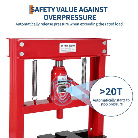 20 Ton Hydraulic Shop Press With H Frame 7 Position Adjustable Height Movable Plates Dust Cover And Auto Relief Valve