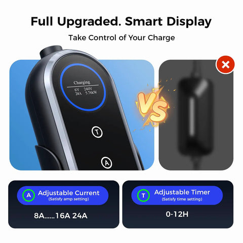 Level 2 EV Charging Station For Home With Adjustable 24 Amp Juice, 25 FT Braided Cable, smart display showing adjustable settings.