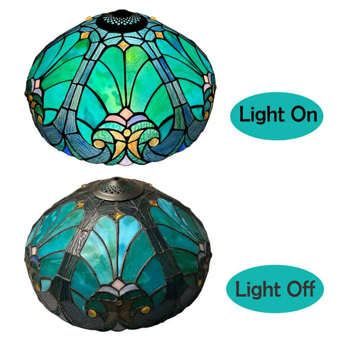 16-Inch Wide Victorian Style Stained Glass Lampshade For Table And Floor Lamps Handcrafted Real Leaded Glass Shade With Rich Jewel Tones Vintage Inspired Lighting Accessory shown with light on and off