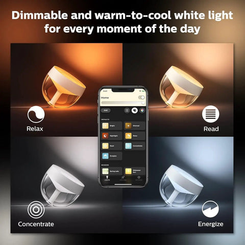 Gold Smart Table Lamp With White And Color Ambiance LED That Changes Color showing different lighting modes with phone control app