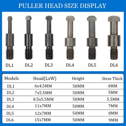 Puller head size chart showing DL1 to DL6 heads used in 21 In 1 Bearing Puller Kit With 3 Jaw Internal Removal Tool And Durable Storage Case
