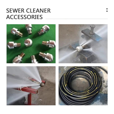 Sewer cleaner accessories with nozzles and 60m hose, part of Heavy Duty Sewer Jetting Machine For High Pressure Pipe Cleaning.