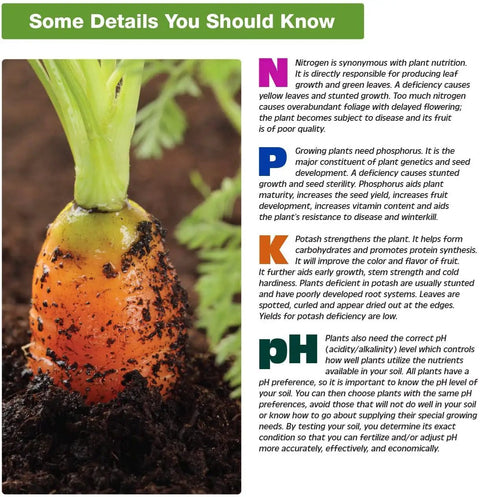 Close-up of a carrot growing in soil with text details about nitrogen, phosphorus, potassium, and pH balance for plants.