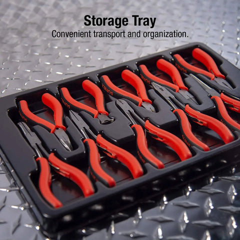 7 Piece Long Reach Pliers Set With Non Slip Comfort Grips And Red Handles In Storage Tray On Metal Surface