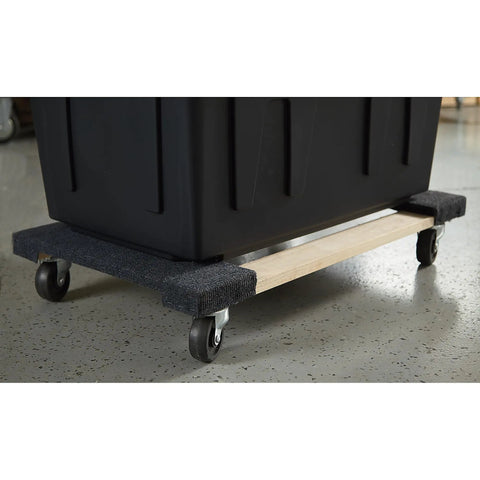 Heavy Duty Moving Dolly Featuring Tough As Nails Hardwood Platform And Smooth Riding Nonmarking Rubber Casters For Zero Hassle Furniture Hauling Up To 1000 Pounds with a black storage container on top.