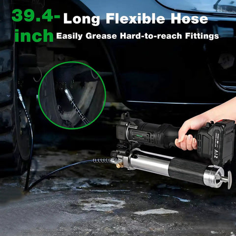 Cordless Grease Gun 12000 PSI Kit with 2 Rechargeable Batteries 39.4 Inch Flexible Hose LED Light Fast Charger In Use