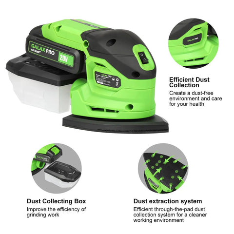 Garage Shop Ready Compact Detail Sander With 1.1A Motor Delivers 14,000 OPM For Smooth Woodworking highlighting dust collection