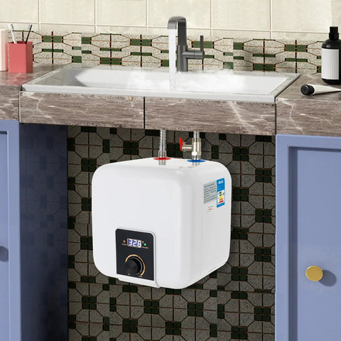 1500W Instant Hot Water Heater Under Sink Kitchen Faucet Compact Electric Wall Mount with digital display in kitchen.