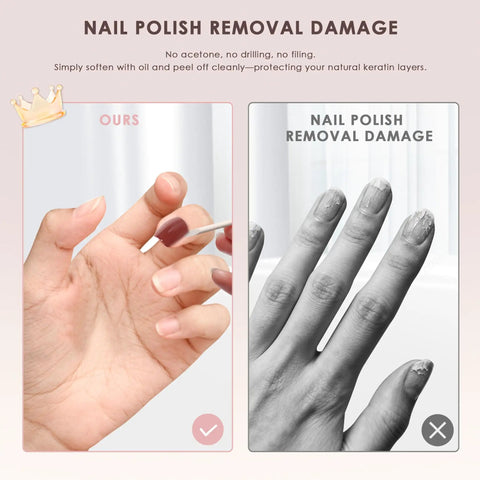 Comparison of nail polish removal: Semi Cured Gel Nail Strips Real Gel Shield vs. damaged nails with removal damage.