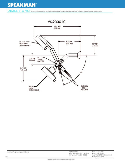 Technical diagram of Neo Combination Multi Function Shower Head And Hand Shower in Brushed Nickel, high flow water, Anystream 360 spray modes.