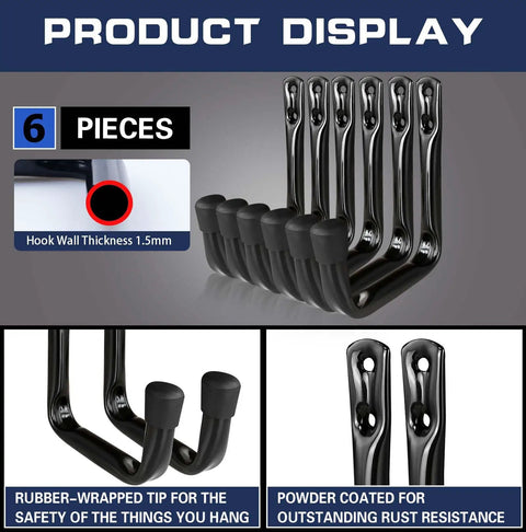 J Utility Hooks Heavy Duty Garage Wall Hangers For Tool Organization 25 Pound Capacity Easy Screw On Installation On Studs Walls Concrete Anti Rust Black Finish Tubular Metal Set Of 6