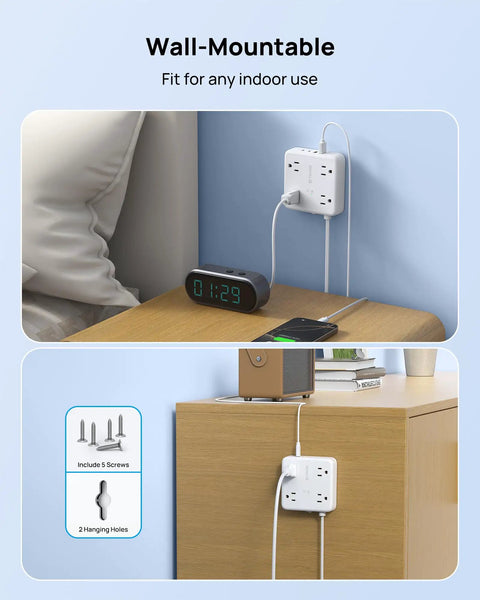 Two Prong Power Strip With 10Ft Cord And 1440J Surge Protector Turns One Old Two Hole Outlet Into Four 3 Prong Outlets And Four USB Ports Wall Mount White, mounted on wall, powering clock and phone, includes screws for mounting.