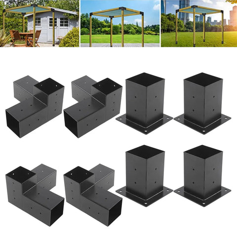 Super Sturdy Steel Bracket Kit For DIY Elevated Wood Stands Featuring Rustproof Coating Eight Piece Hardware Set viewed from above, showcasing eight durable black steel brackets.