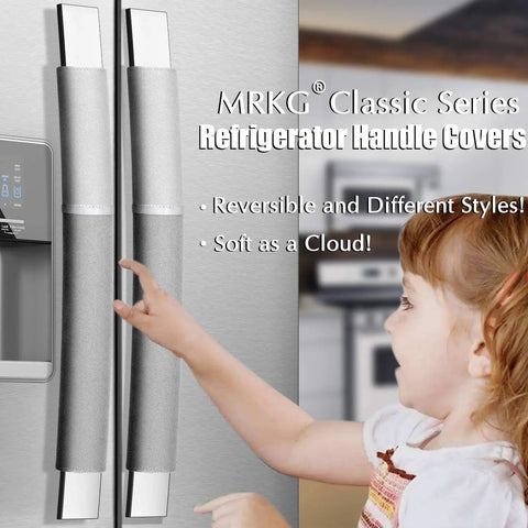 Child touching fridge with Five Piece Fridge And Microwave Door Handle Covers No Sweat Washable Without Fading Keeps Handles Smudge Free.