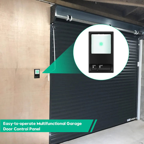 Multi Function Wall Keypad Replacement For 78LM Wired Garage Door Opener, installed beside a closed garage door, easy to operate