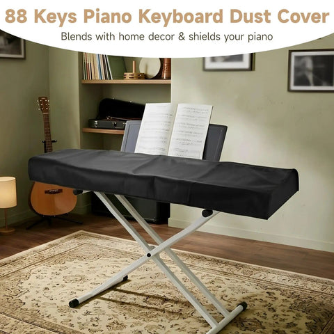 88-key keyboard with Gig-Ready Universal 88-Key Keyboard Dust Cover With Waterproof Leatherette Shell in a studio room.