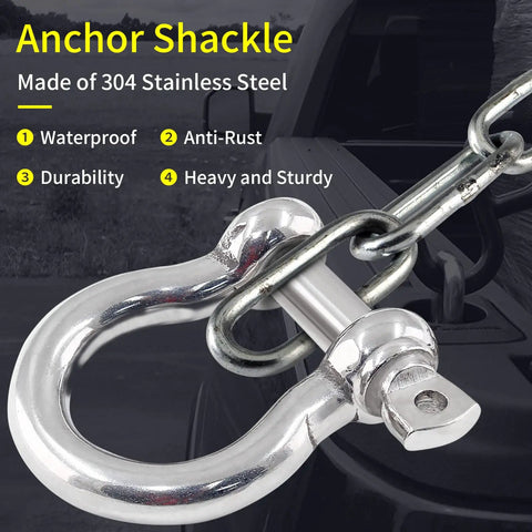 Close-up of a 304 stainless steel screw pin anchor shackle connected to a chain, highlighting durability and strength features.