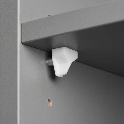 White Shelf Support Pegs Set With Enhanced Safety Grip Durable Plastic And Stainless Steel Pins installed in gray cabinet