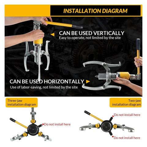 Installation diagram for Heavy Duty Hydraulic Gear Puller And Wheel Bearing Separator With Adjustable Dual Triple Jaws.