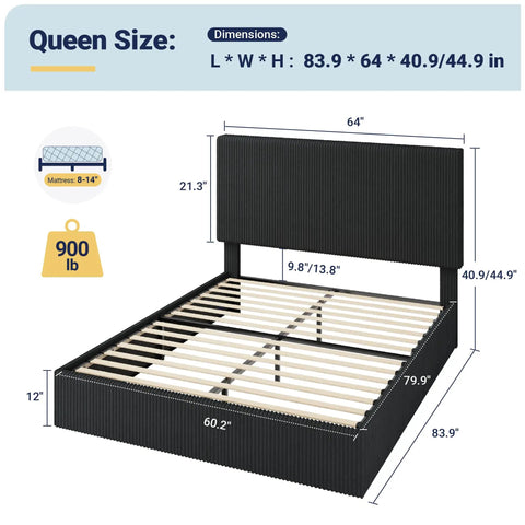 Ultra Legit Comfy Queen Bed Frame With Adjustable Corduroy Headboard And Sleek Black Platform Design For Your Bedroom Glow Up Easy Peasy Setup Solid Build Quality, dimensions and sturdy slats.