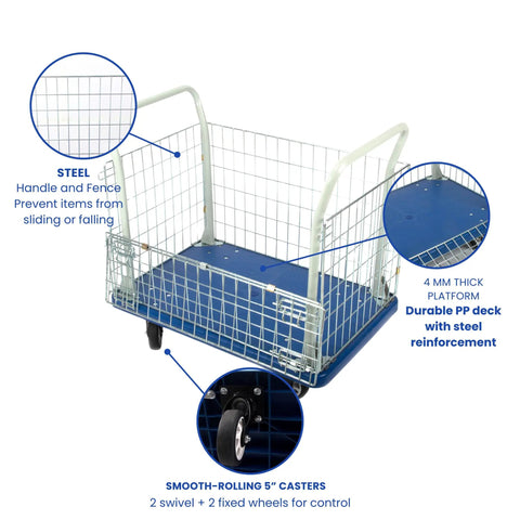 Heavy Duty Platform Truck Cart With Three Sided Steel Fence And 660 Pound Capacity Measures 23 By 35 Inches showing steel handles and 5 inch casters.