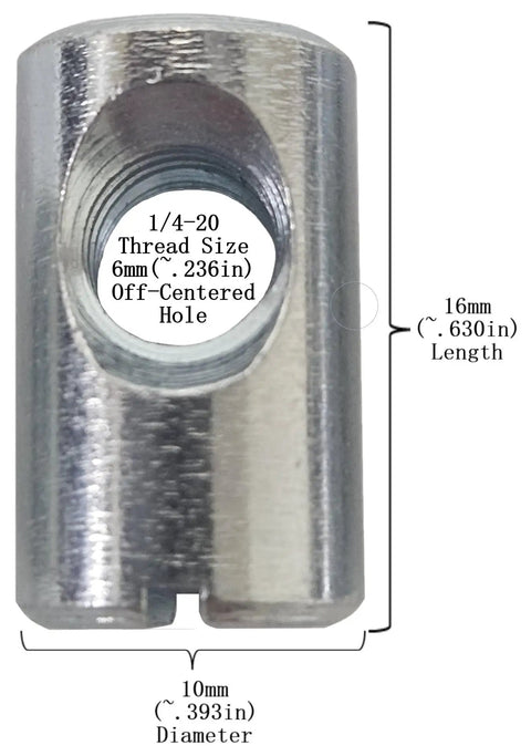 Cross Dowels and Barrel Nuts Bulk Pack Twenty Five One Quarter Twenty Thread Zinc Plated Steel 16 Millimeter By 10 Millimeter Off Centered CNC Slotted Hardware Connectors for Furniture and Woodworking Projects showing dimensions