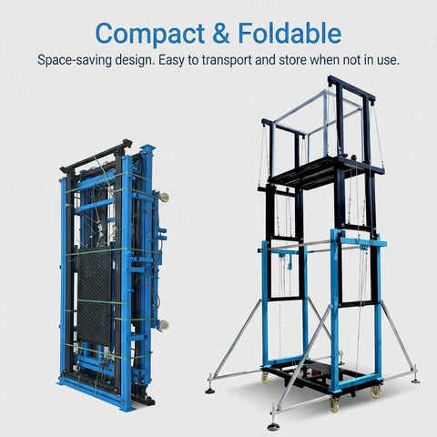 Heavy Hitter Electric Scaffolding Lift With Smooth Remote Control And Pro Level Foldable Mobile Work Platform shown in compact and upright positions.