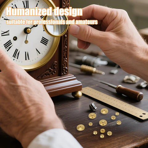 Man using 12 Piece Brass Clock Hand Nut Set with three sizes for grandfather wall and mantel clocks on a wooden table.