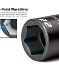 Close-up of 22 mm socket showing 6-point WaveDrive design for Three Eighth Inch Drive Shallow Semi Deep And Deep Impact Socket Set Metric Eight To Twenty Two Millimeter 45 Piece Premium Chrome Molybdenum Steel Coated For High Torque Power Tool Jobs