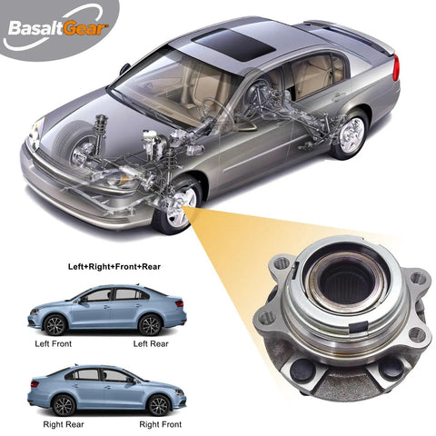 Pair Of Two Front Wheel Hub And Bearing Assemblies For Nissan Murano 09 Through 14 And Quest 11 Through 17 Featuring Five Lug Pattern Non Abs Setup Zero Drama Driving All Day Long displayed with schematic and detailed view.