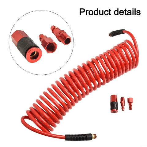 Straight Up Heavy Duty 7.5 Meter Retractable PU Air Hose Kit With Auto Rewind Mechanism Keeps Coils Tangle Free At Workshop Bench Plus Quarter Inch Quick Fit Connection Tips That Withstands Oil And Grease Without Kinking Around Your Tools And Gear. Red coiled PU air hose with quick-fit brass connectors