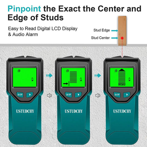 Heavy Duty 5 In 1 Electronic Stud Finder And Wall Scanner With Smooth Lcd Readout showing digital display and audio alarm features.