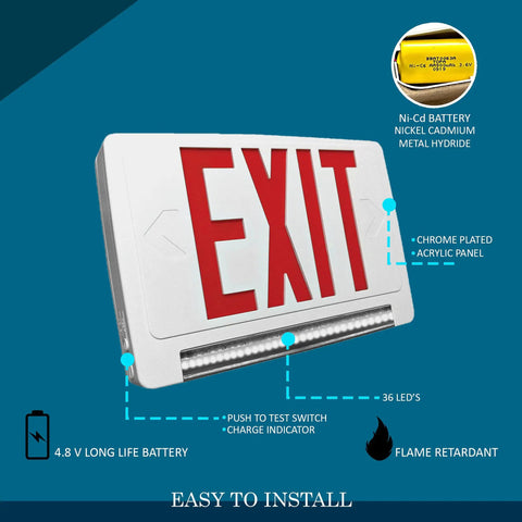 2 Pack Ultra Bright Energy Efficient Lighted Exit Signs With Battery Backup For Indoor Use LED Emergency Exit Sign Battery Powered Exit Sign For Commercial Spaces LED Adjustable Light Pipe Chevron showing features like nickel cadmium battery, fire retardant design, and easy installation instructions.