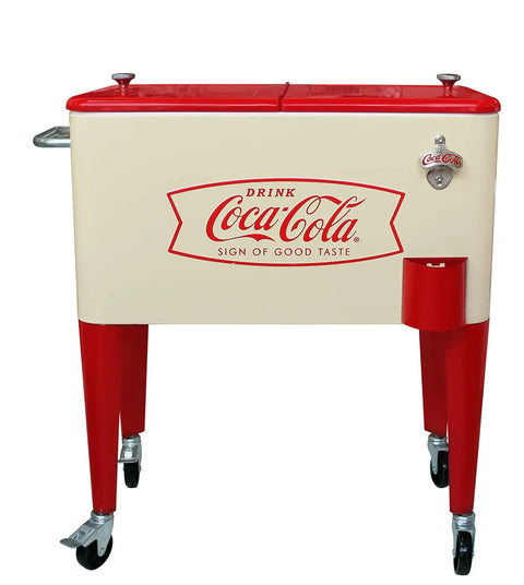 Creamfish 60-Quart Vintage Style Wheeled Cooler With Split Top Lids For Outdoor Patio Porch Insulated With A Powder Coated Finish Perfect For Parties Backyard BBQs And Tailgates, front view with Coca-Cola logo.