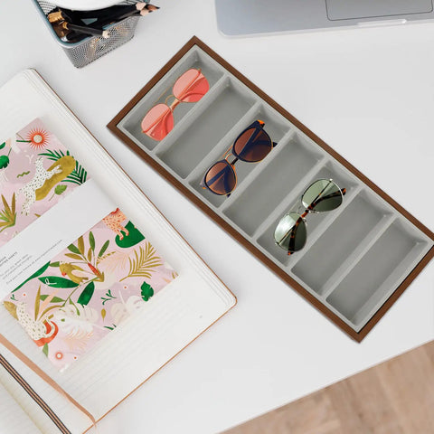 Top Shelf Walnut Wooden Sunglasses Tray With Silky Gray Velvet Liner, Roomy Seven Slot Eyewear Display Rack in use with sunglasses.