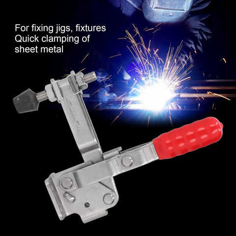 Heavy Duty Toggle Clamp With Stainless Steel Body And Plastic Handle, 227Kg Clamping Force, shown in welding setup