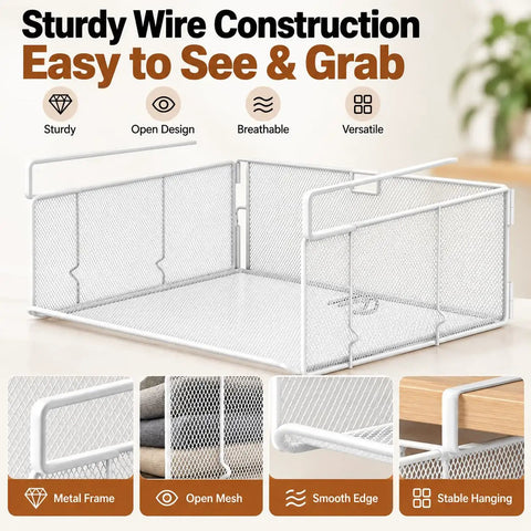 2 Pack Underwear Closet Organizer With Under Shelf Hanging Baskets keeps bras panties socks and lingerie snug, featuring sturdy wire construction.