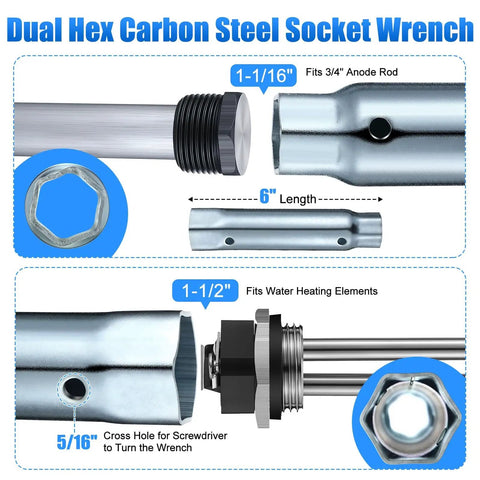 Diagram of dual hex carbon steel socket wrench with different sizes for All In One RV Water Heater Maintenance Kit With 4 Piece Anode Rod Electric Heater Element Dual Hex Wrench And Tape Replacement Kit For Suburban RV Parts Road Trip Ready Hot Water Upgrade With No Fuss.