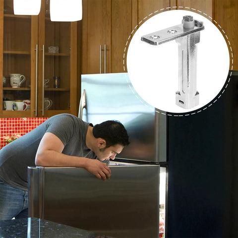Heavy-Duty Zinc Alloy Refrigerator Door Hinge With Spring-Loaded Self-Closing Function next to man opening fridge