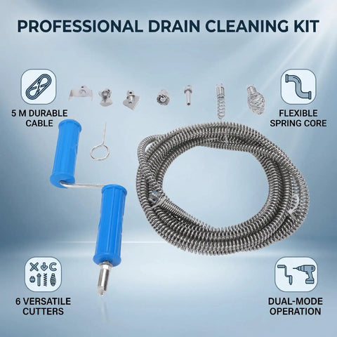 Tough Galvanized Drain Auger Cable With Six Heavy Cutter Blades For Blasting Kitchen Sink And Bathroom Pipe Clogs Fast Without Breaking A Sweat On Any Mess components including 5m cable and versatile cutters.