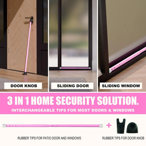 Badass Heavy Duty Three In One Door Security Bar Lock With Adjustable Iron Frame And Sliding Window Stopper For Real Home Defense Apartment And Travel Safety In Pink placed at door knob, sliding door, and sliding window.